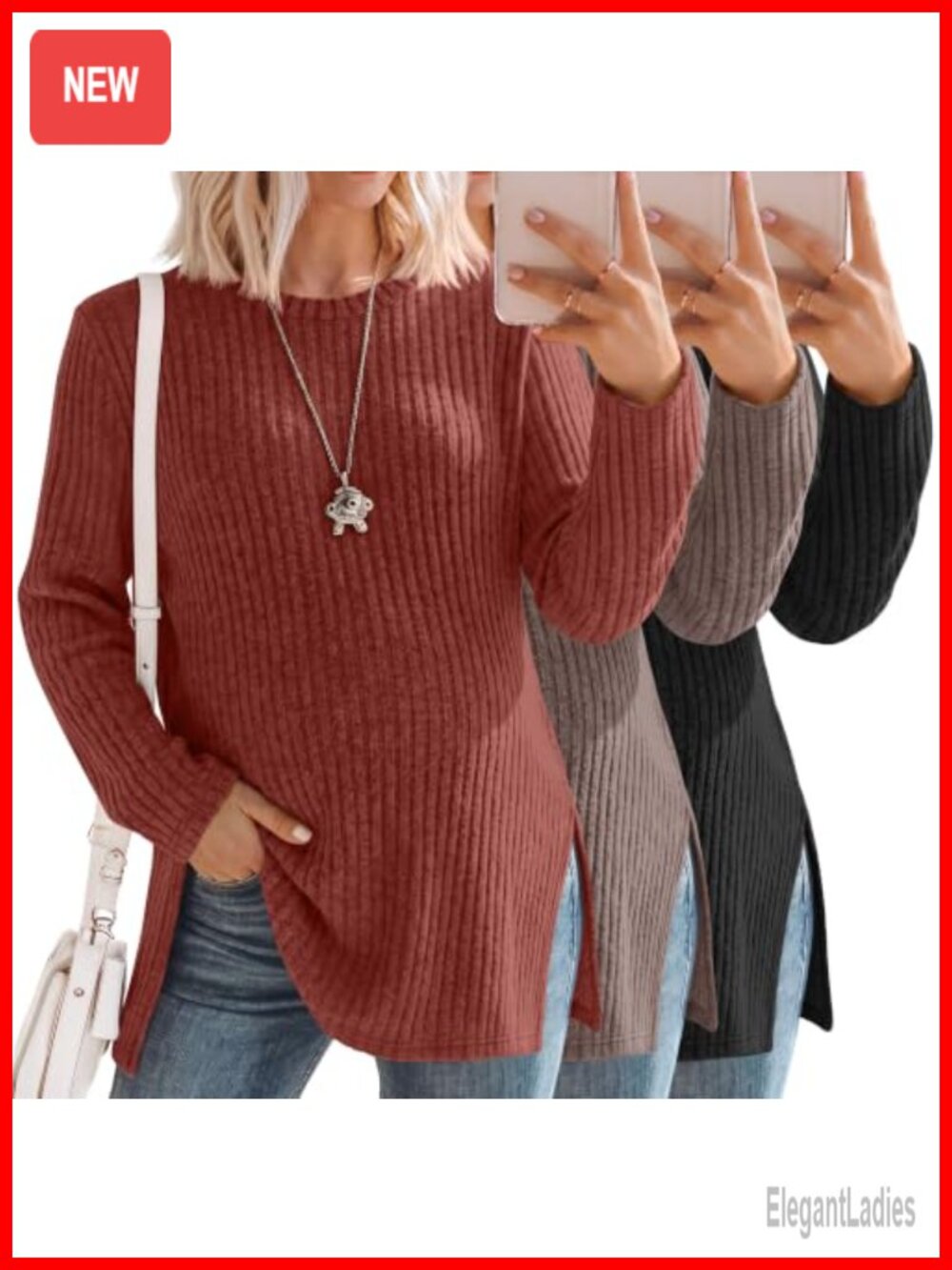 3 Pack Maternity Long Sleeve Ribbed Knit Tunic Tops Split Side Pregnancy Shirts